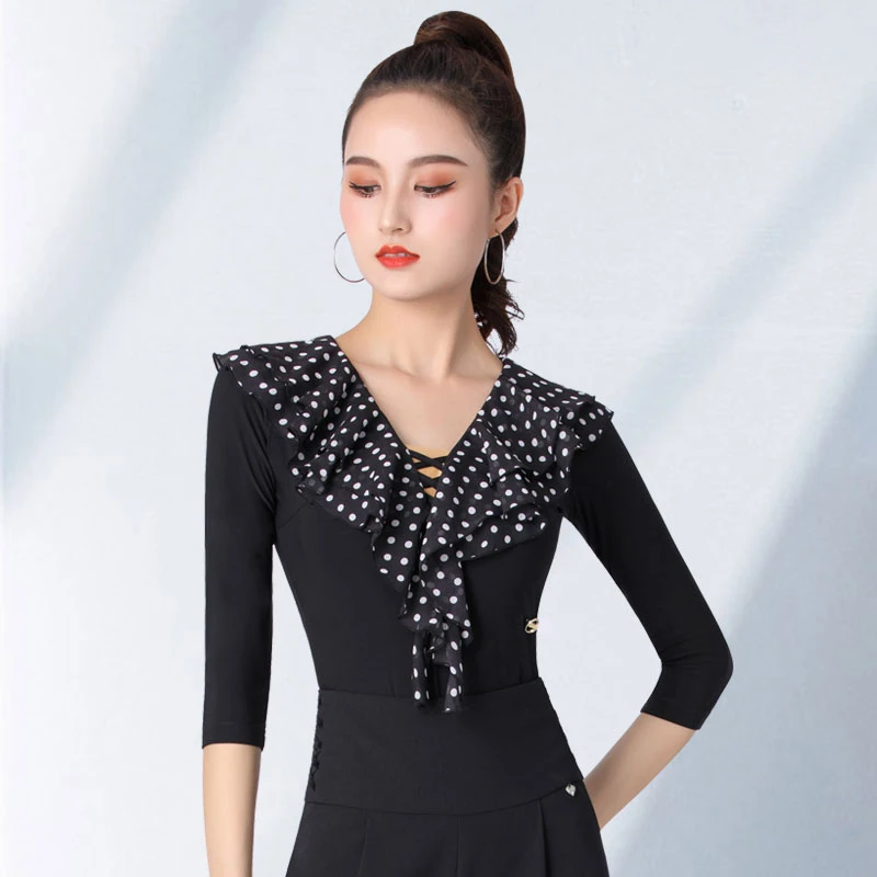 丹宝罗2024新款波点国标舞上衣交谊舞服装练功服舞蹈连体跳舞衣服