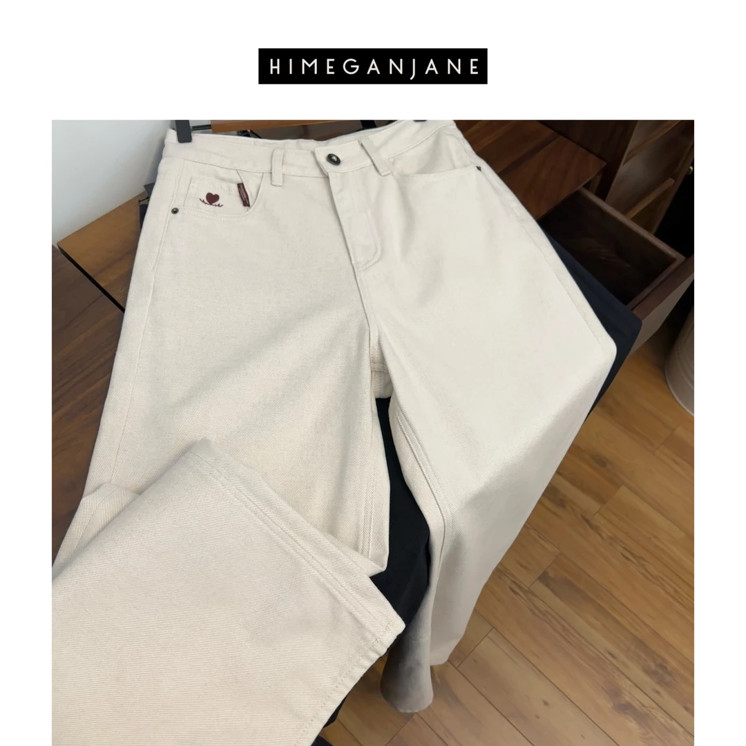 HIMEGANJANE 秋冬设计感加绒微阔腿气质显瘦高腰牛仔裤8532