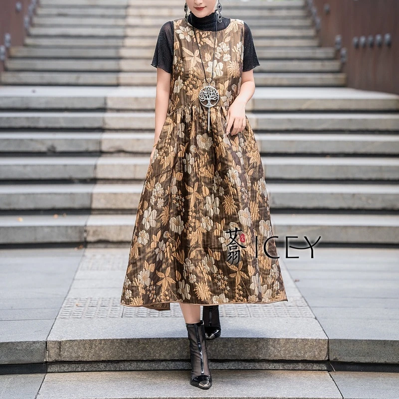 艾翕甄选【卡布奇诺】咖色无袖压褶女连衣裙24年新款长裙ZX24106-1