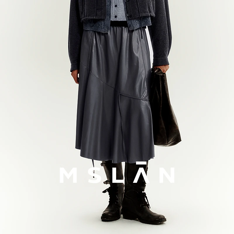 MSLAN新款设计感松紧时尚气质分割线不规则下摆中长皮裙女MGDQ249