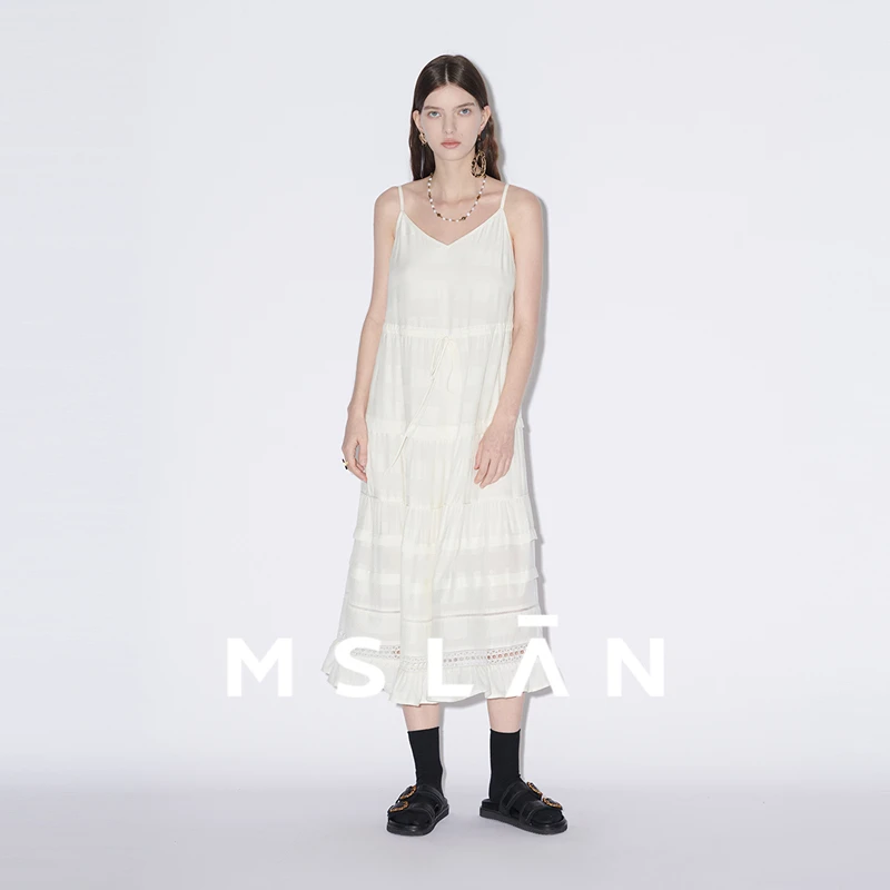 MSLAN商场同款夏季新款V领时尚气质塔克收腰吊带长连衣裙MGBM4101