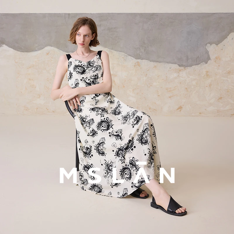 MSLAN浪漫度假夏季新款不规则分割吊带裙法式印花长连衣裙MGBT534
