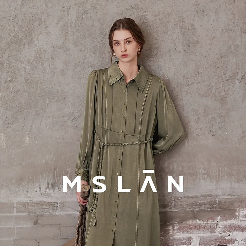 MSLAN【薄荷曼波】法式复古风气质衬衫领镂空蕾丝长连衣裙 MEAM4101