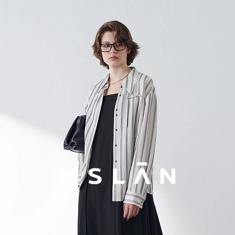 MSLAN【商场同款】春季新款通勤风时尚撞色衬衣条纹落肩衬衫MGAN325