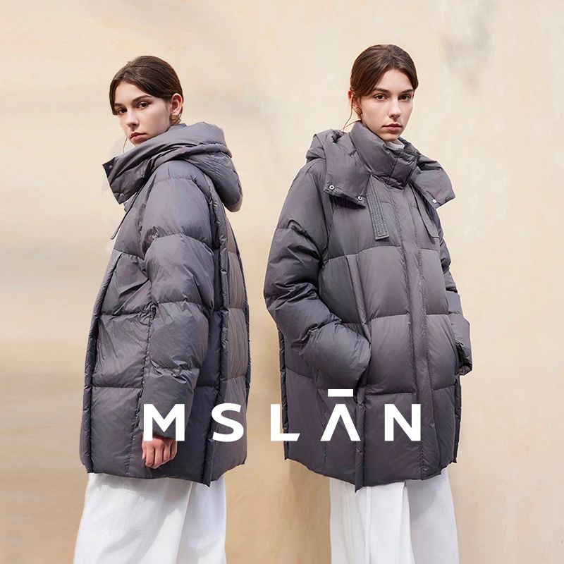 MSLAN灰调美学新款慵懒90白鸭绒外套立领连帽中长羽绒服女MGDW473