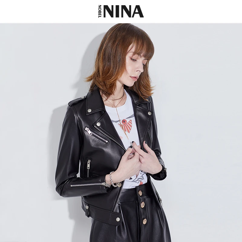 海宁春季新款进口黑色绵羊皮真皮衣外套女短款修身机车皮夹克
