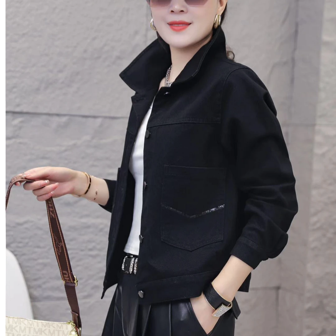 小施家韩版字母刺绣亮片加绒牛仔外套8620