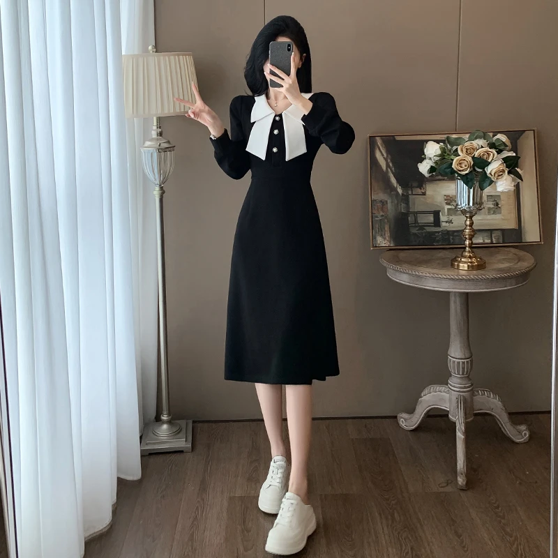 纳凡秋季新款超显瘦连衣裙女减龄收腰气质高级感简约拼色小黑裙子