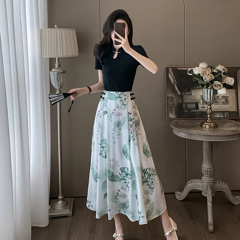 纳凡夏季新款时尚休闲套装女气质显瘦复古中国风高腰半身裙两件套