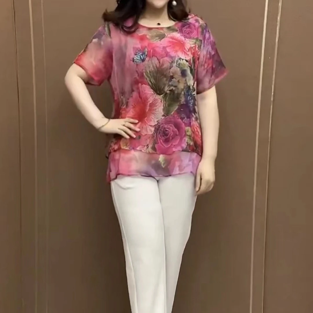 新款圆领时尚妈妈装半袖花衫