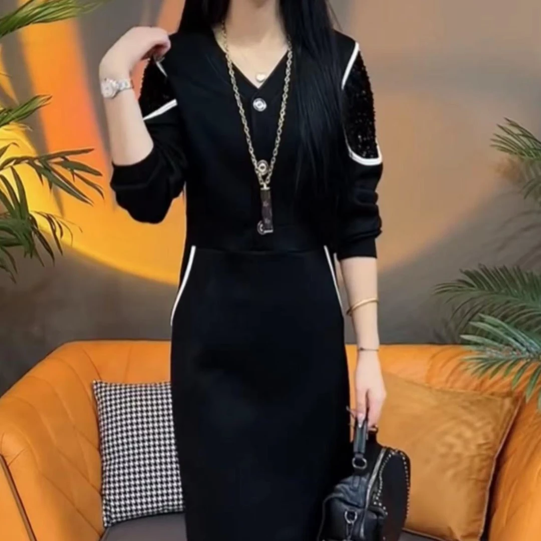 气质百搭V领女时尚休闲新款长袖收腰显瘦不规则设计感开叉连衣裙