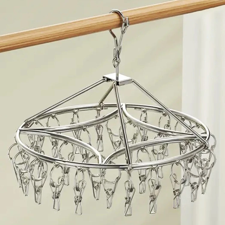 圆盘不锈钢晾衣架实心衣架多夹防风晒衣服架阳台晒袜架多功能挂钩