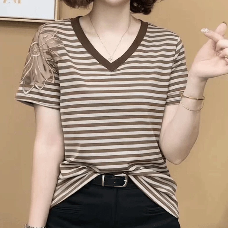 2024新款V领t恤女士洋气显瘦百搭休闲夏季中年半袖上衣