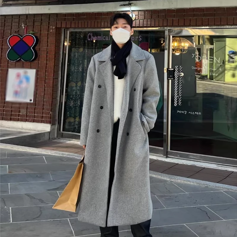 ascloqiao韩版冬季外套百搭长款过膝双排扣呢大衣男加厚休闲宽松