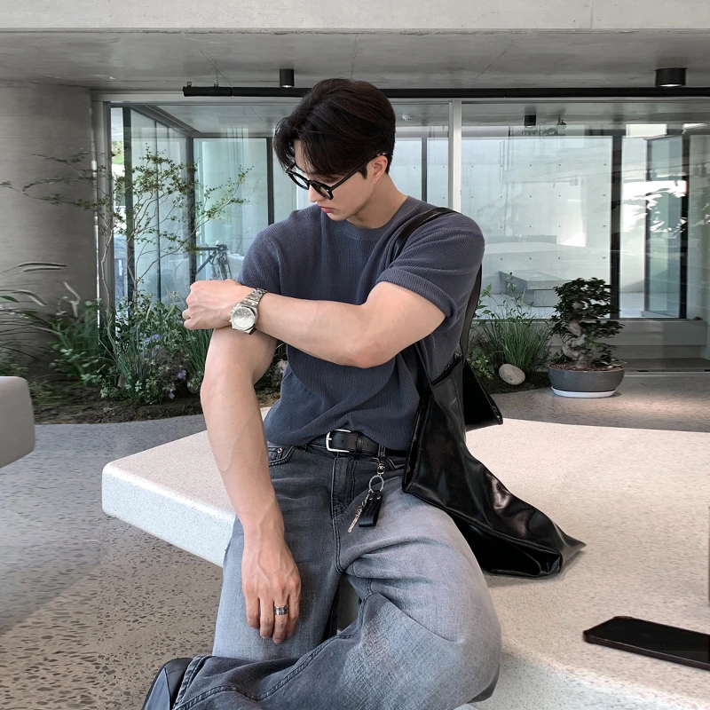 ascloqiao夏季男士休闲百搭针织短袖韩版潮流简约纯色宽松透气T恤