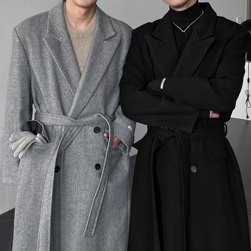 ascloqiao长款毛呢大衣男士加厚过膝系带韩系高级感呢子外套秋冬