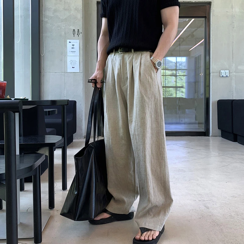 ascloqiao棉麻慵懒拖地裤韩版宽松百搭简约盐系复古薄款男休闲裤