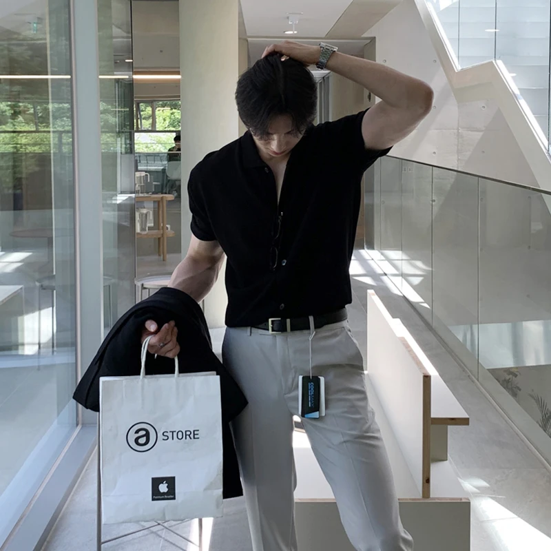ascloqiao韩版衬衫短袖夏季新款休闲纽扣翻领衬衣男士修身针织T恤