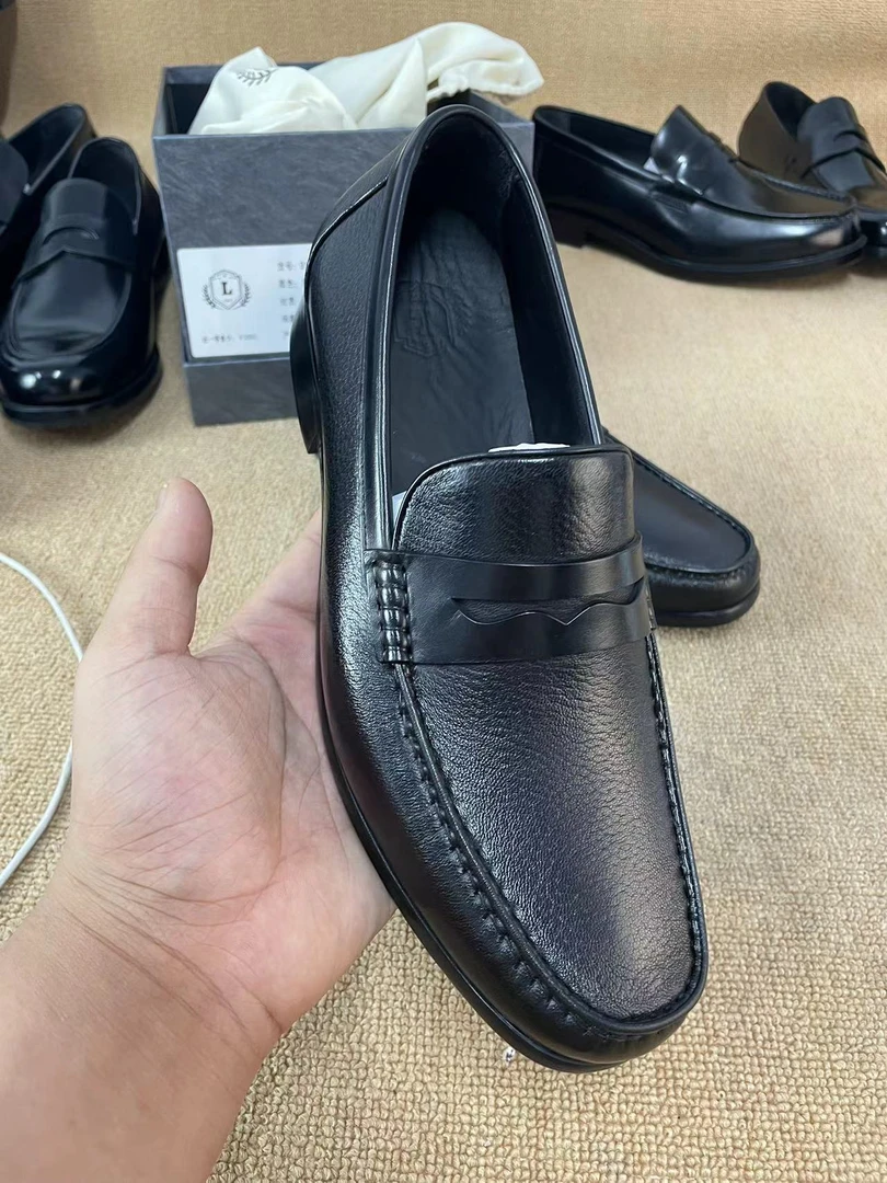 黑色鹿皮全皮底加防滑贴张一脚蹬乐福厚底方头乐福正装休闲皮鞋