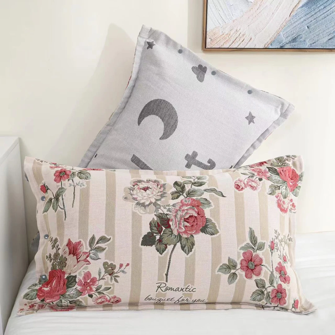 纯棉纱布枕套侧边按扣口袋样式色织提花家用单人大枕头套柔软透气