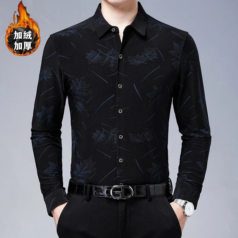 2025印花新款男士加绒加厚高档衬衫一体绒修身外穿印花衬衫有口袋