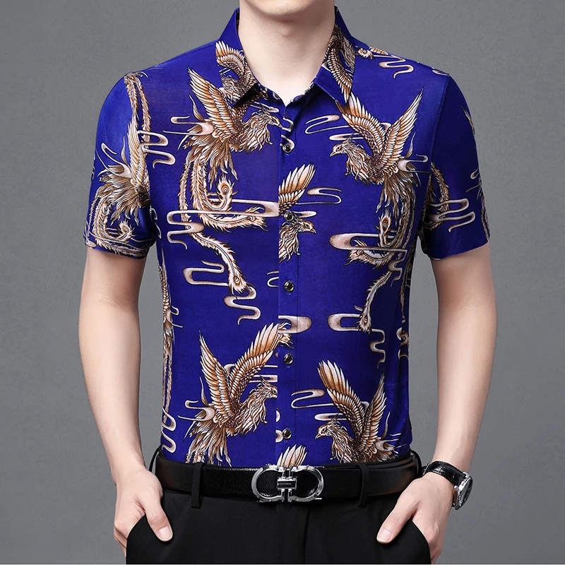 印花衬衫男士修身薄款大码冰丝高档流行中年衬衣男装翻领短袖