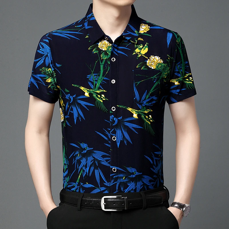 夏季薄款冰丝短袖衬衫高档修身印花休闲中青年真口袋免烫花衬衫