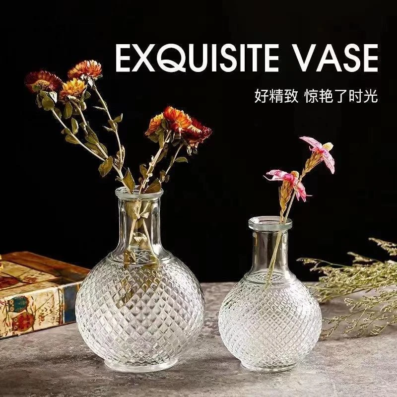 新中式浮雕透明玻璃花瓶ins风 高颜值小花瓶高级感客厅装饰品摆件