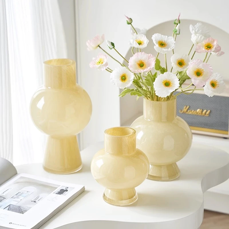 奶油风琉璃玻璃花瓶加厚中古花瓶高级感轻奢高颜值插花装饰摆件
