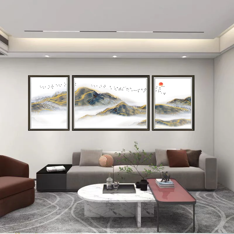 Q39意境山水时尚寓意好钢化玻璃装裱沙发背景三联装饰画