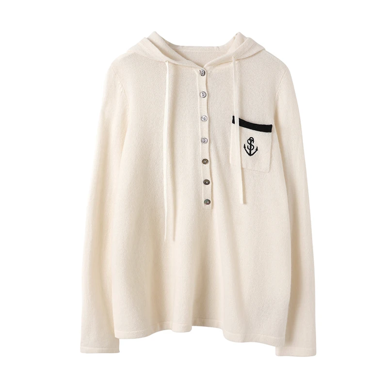 100纯山羊绒秋冬新款女式长袖连帽衫百搭纯色时尚宽松针织衫休闲