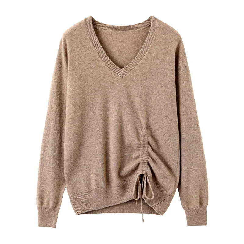 2023秋冬新款100纯山羊绒女士长袖上衣宽松百搭纯色v领针织套头衫