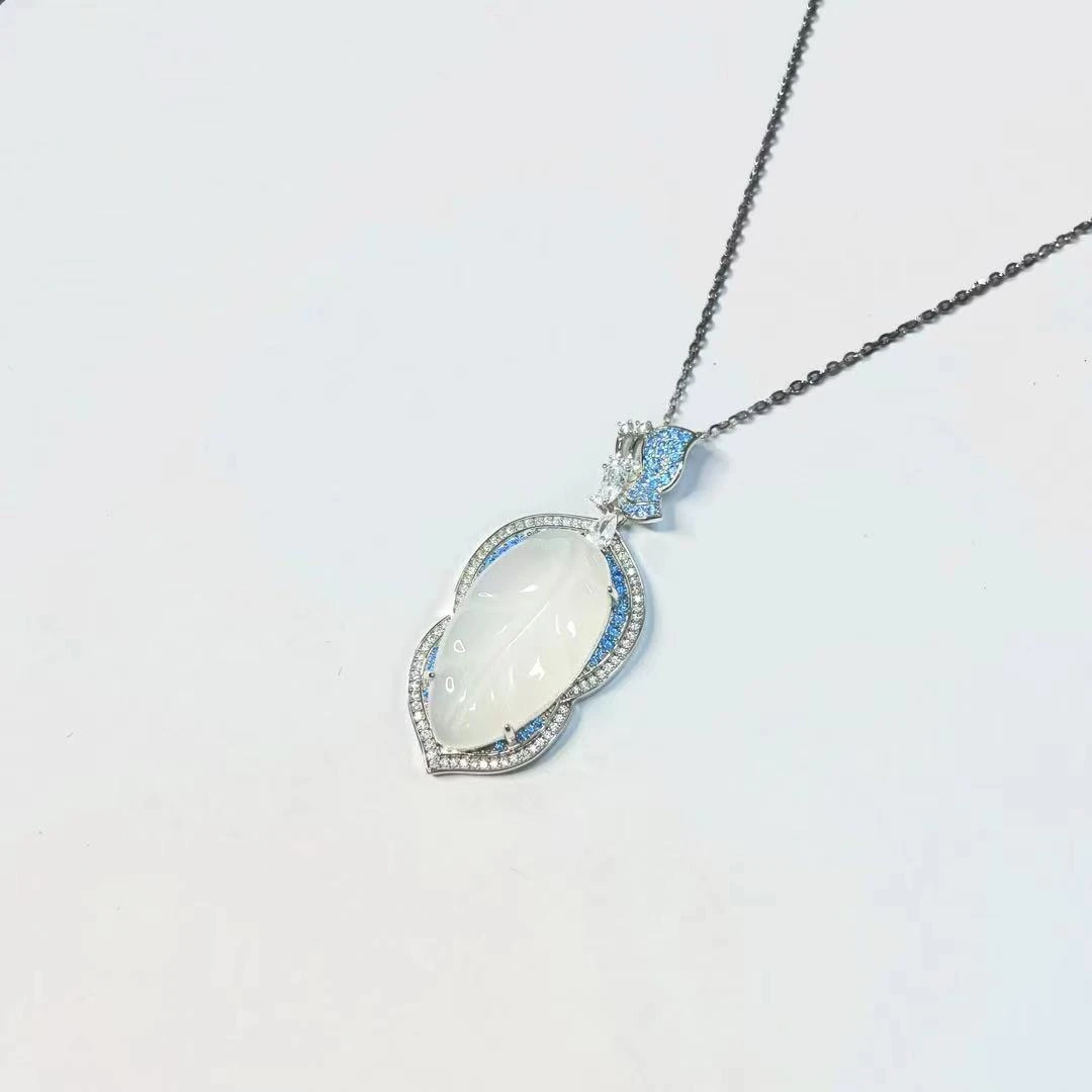 坠链均925银合成锆石 白色叶子金枝玉叶国风挂坠项链 H006