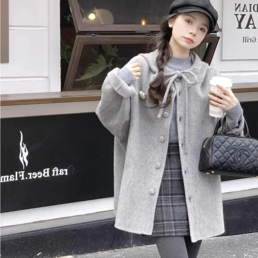 秋冬连帽双面羊毛大衣女韩范蝴蝶结宽松呢外套2499