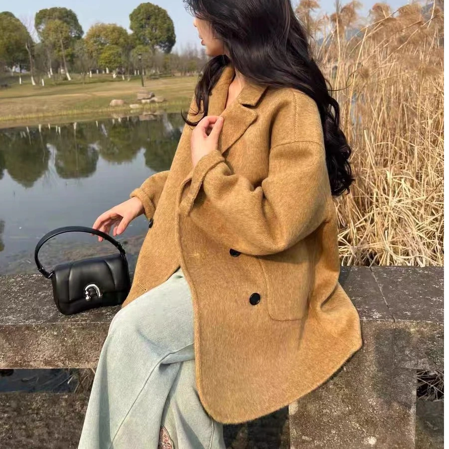 2419双面羊毛大衣女中长款西装领双排扣宽松显瘦毛呢外套