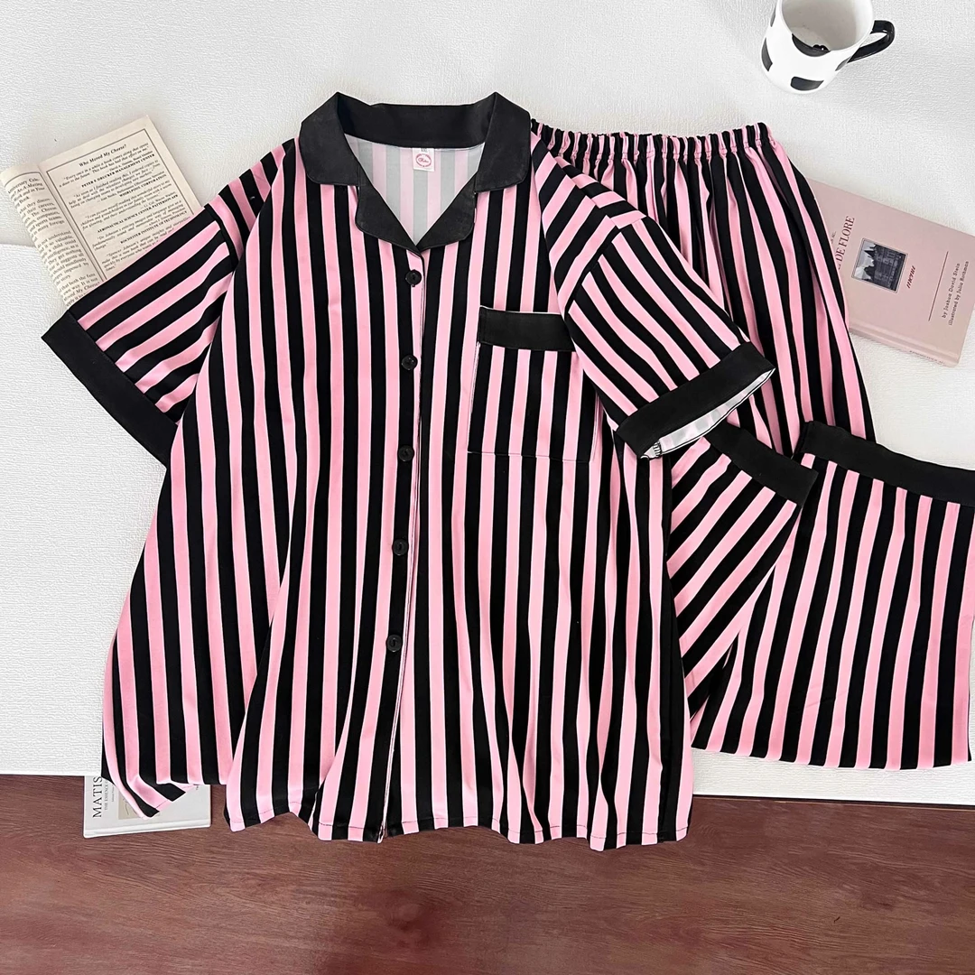 【粉黑条纹】三件套大码睡衣女宽松250斤家居服套装可外穿