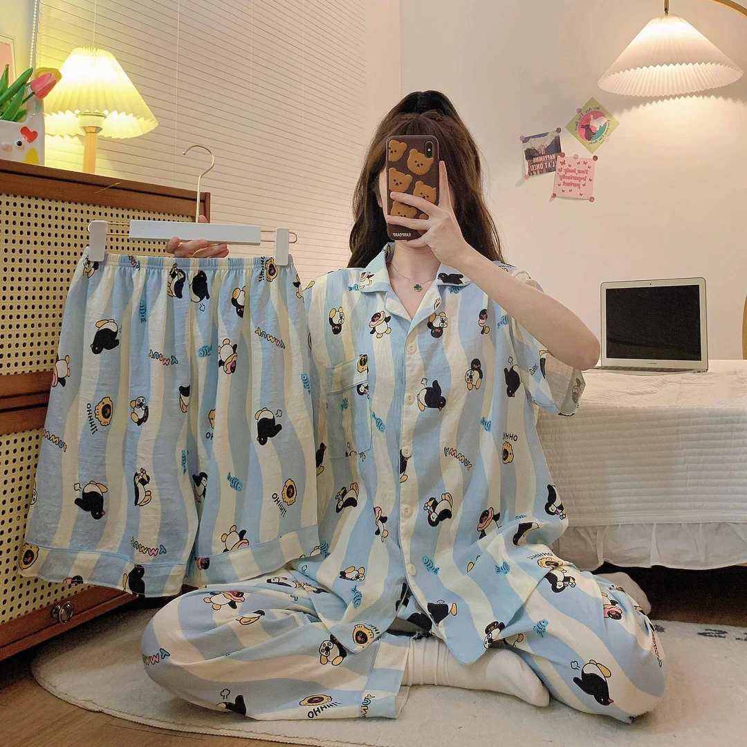 【小企鹅】三件套加肥宽松超大码睡衣女夏季新款250斤家居服套装潮