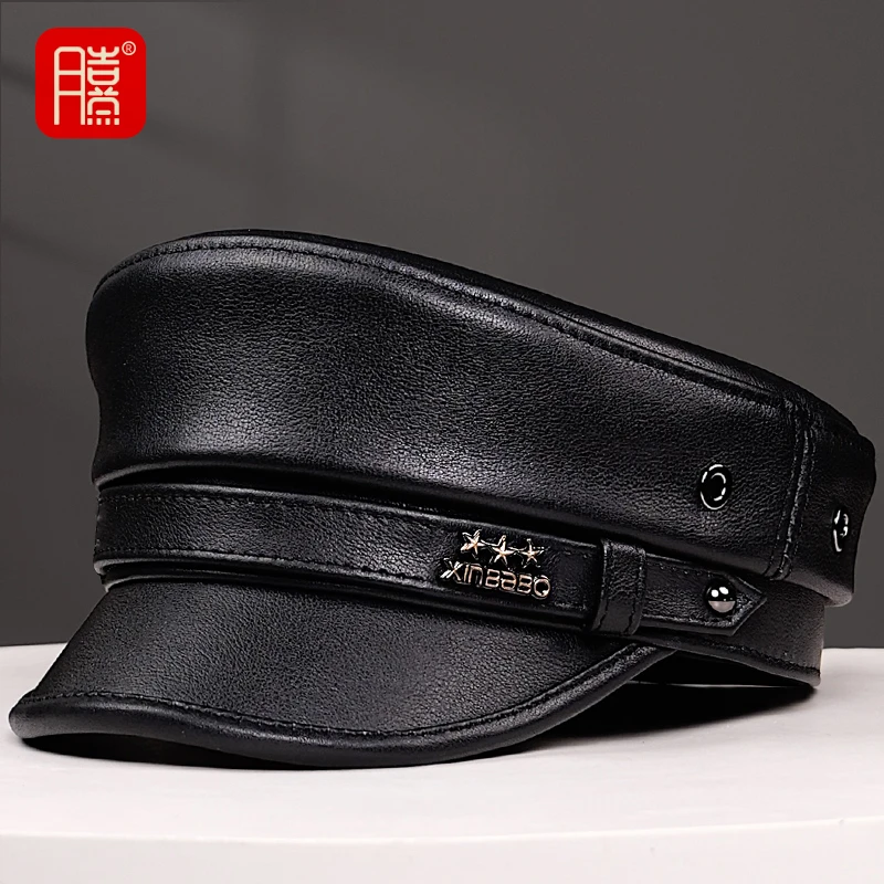 真皮帽子男士牛皮中青年秋冬机车平顶帽海军帽报童帽解放帽保暖帽