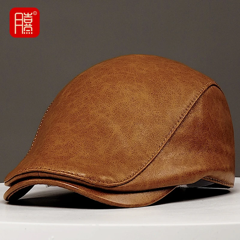 羊皮秋冬新款复古男士英伦鸭舌帽秋冬季前进百搭休闲皮百搭贝雷帽