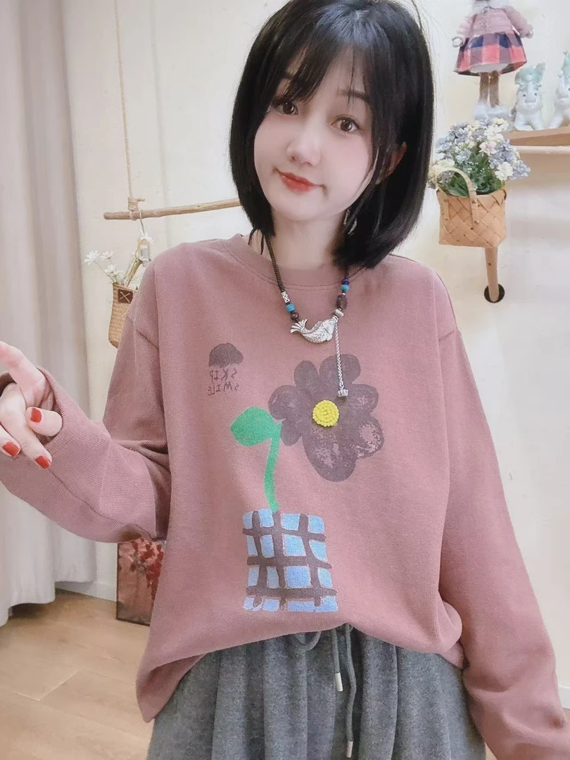 【红豆沙】婷婷同款推荐休闲百搭宽松百搭小花长袖T恤长袖上衣女