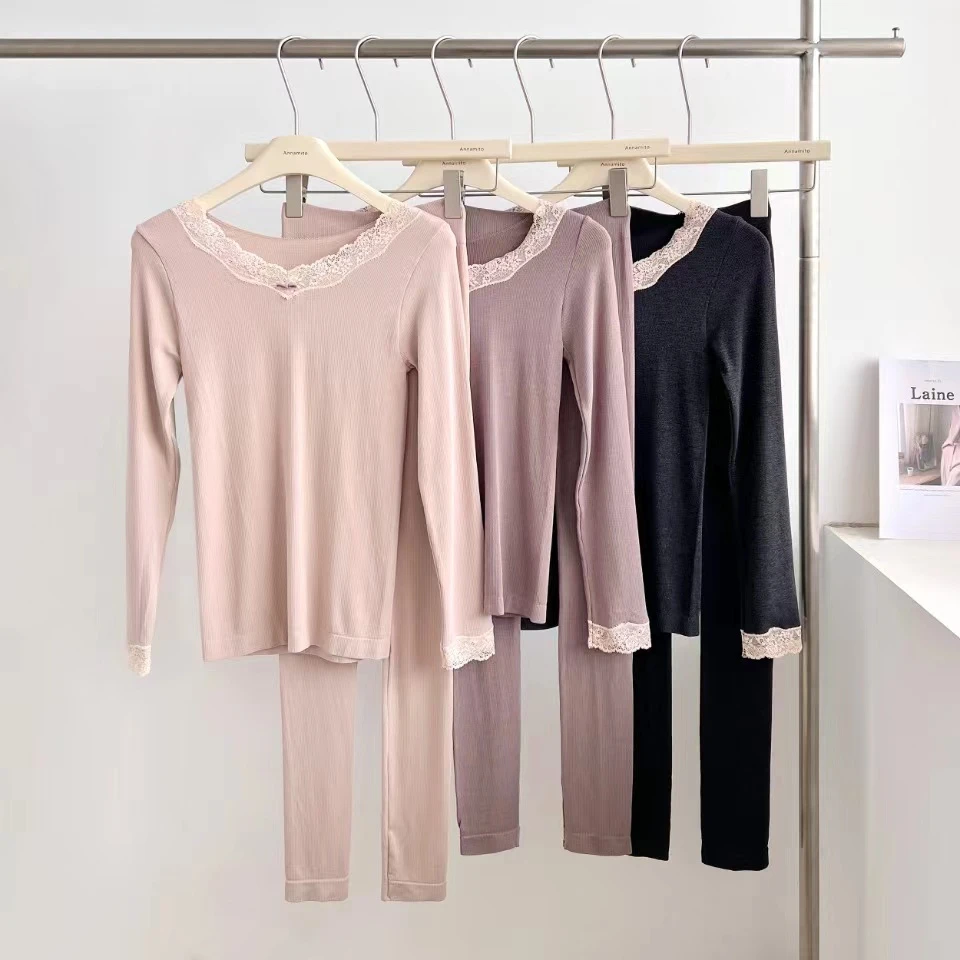 【花边女孩】婷婷同款推荐 时尚花边百搭舒适秋衣秋裤两件套套装