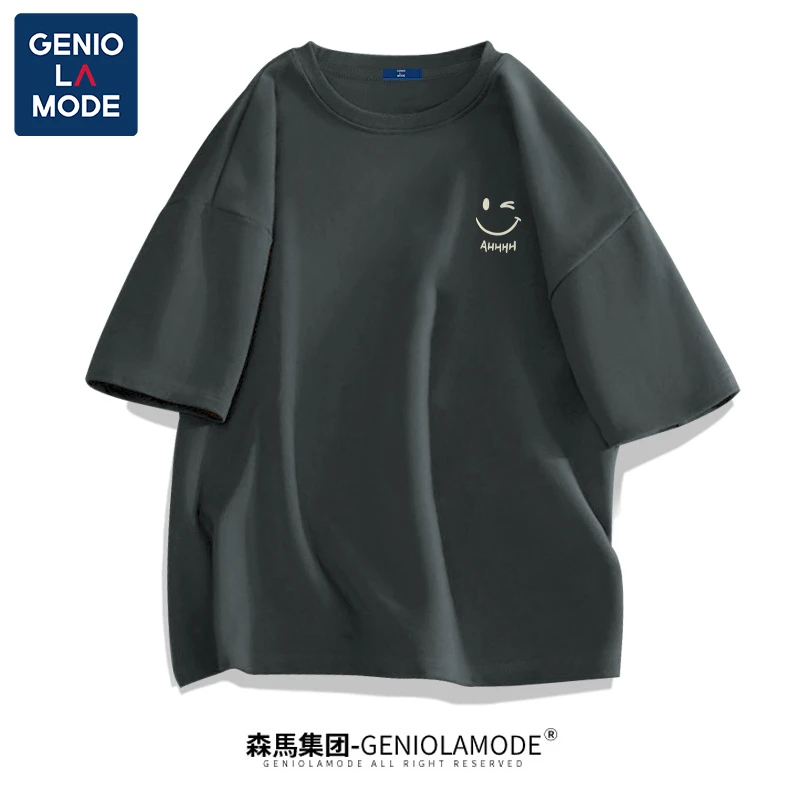 GENIOLAMODE短袖百搭简约微笑小标半截袖t恤男夏季设计感休闲上衣