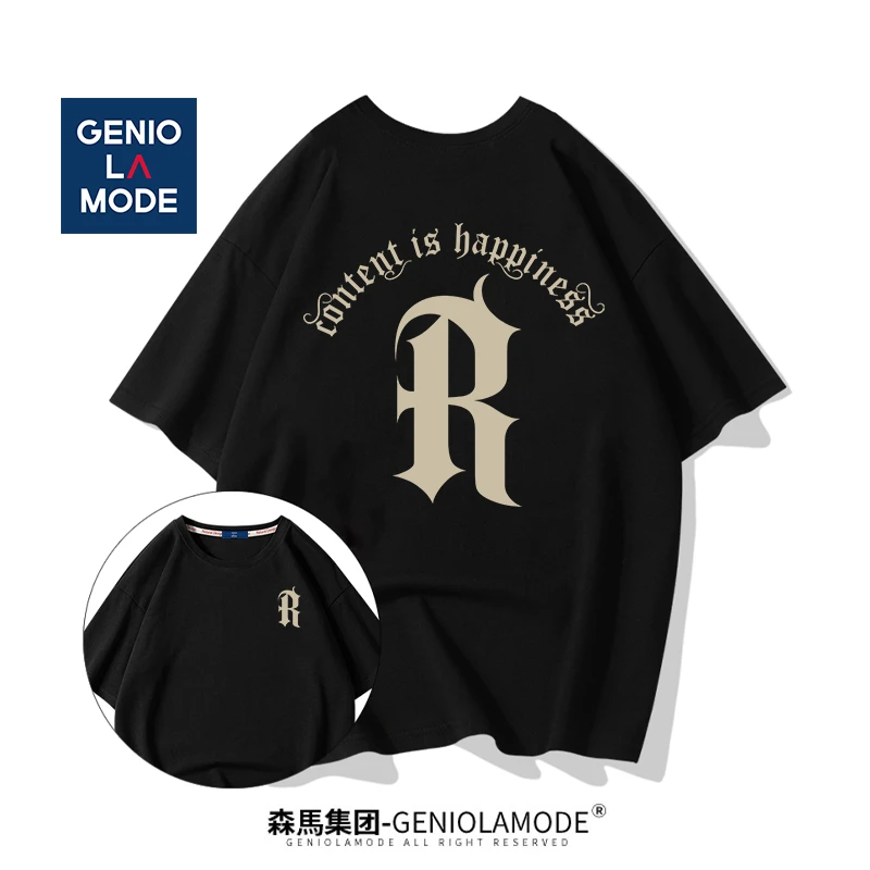 GENIOLAMODE圆领休闲t恤男夏季潮牌美式复古印花小众设计感短袖夏