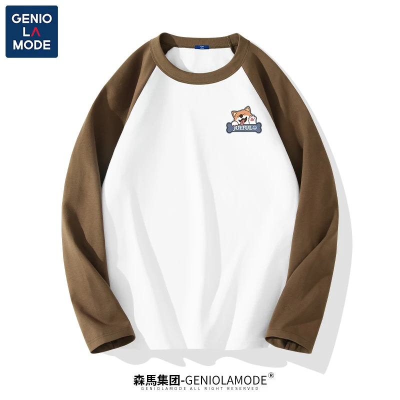 集团品牌GENIOLAMODE撞色长袖男t恤春秋季可爱柯基插肩袖打底衫