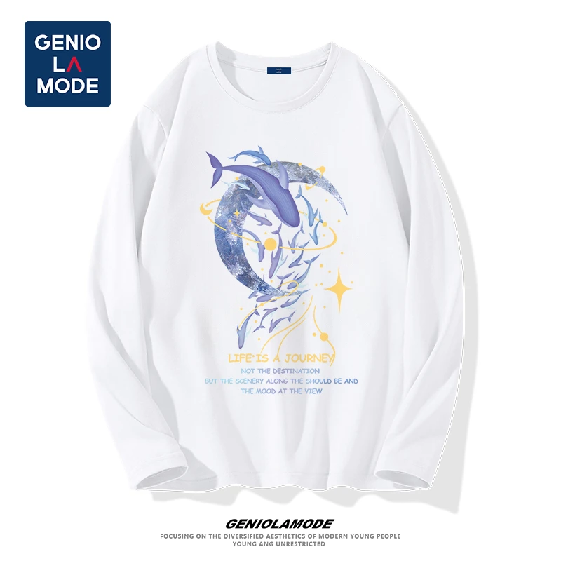 GENIOLAMODE长袖休闲国潮上衣体恤新款复古港风时尚男装潮流T恤白