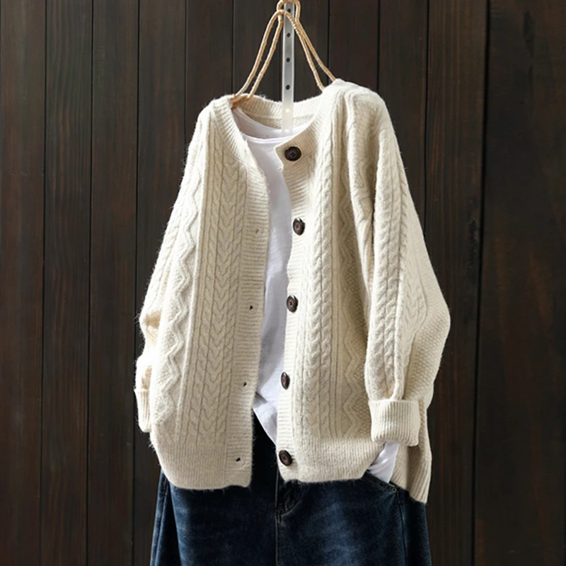 秋季新款2024年爆款女装洋气上衣宽松麻花羊绒羊毛针织开衫外套潮