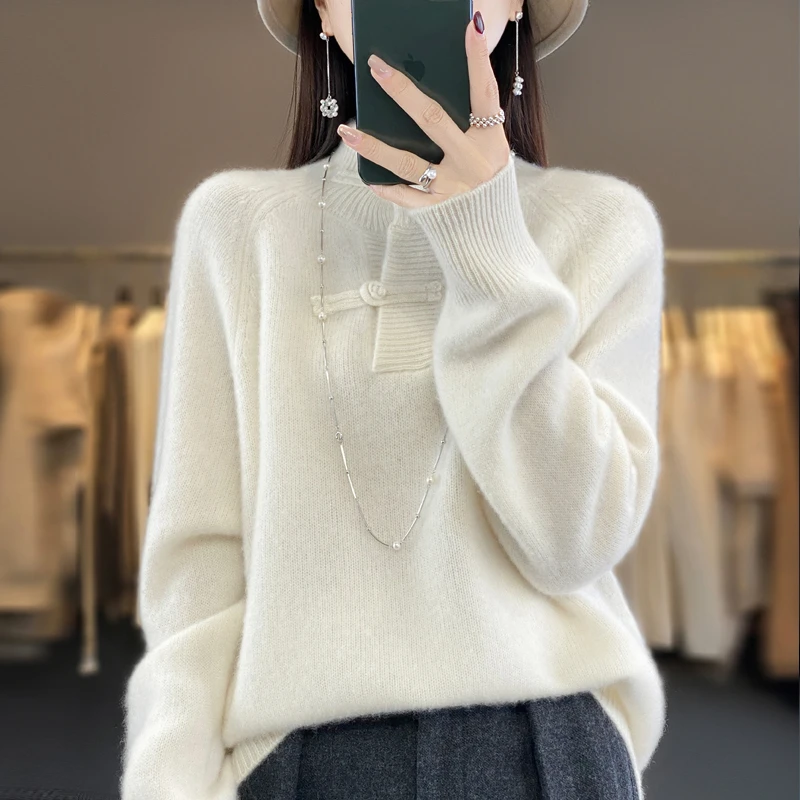 羊绒衫毛衣女秋季新款羊毛上衣秋冬盘口半高领纯色针织打底衫