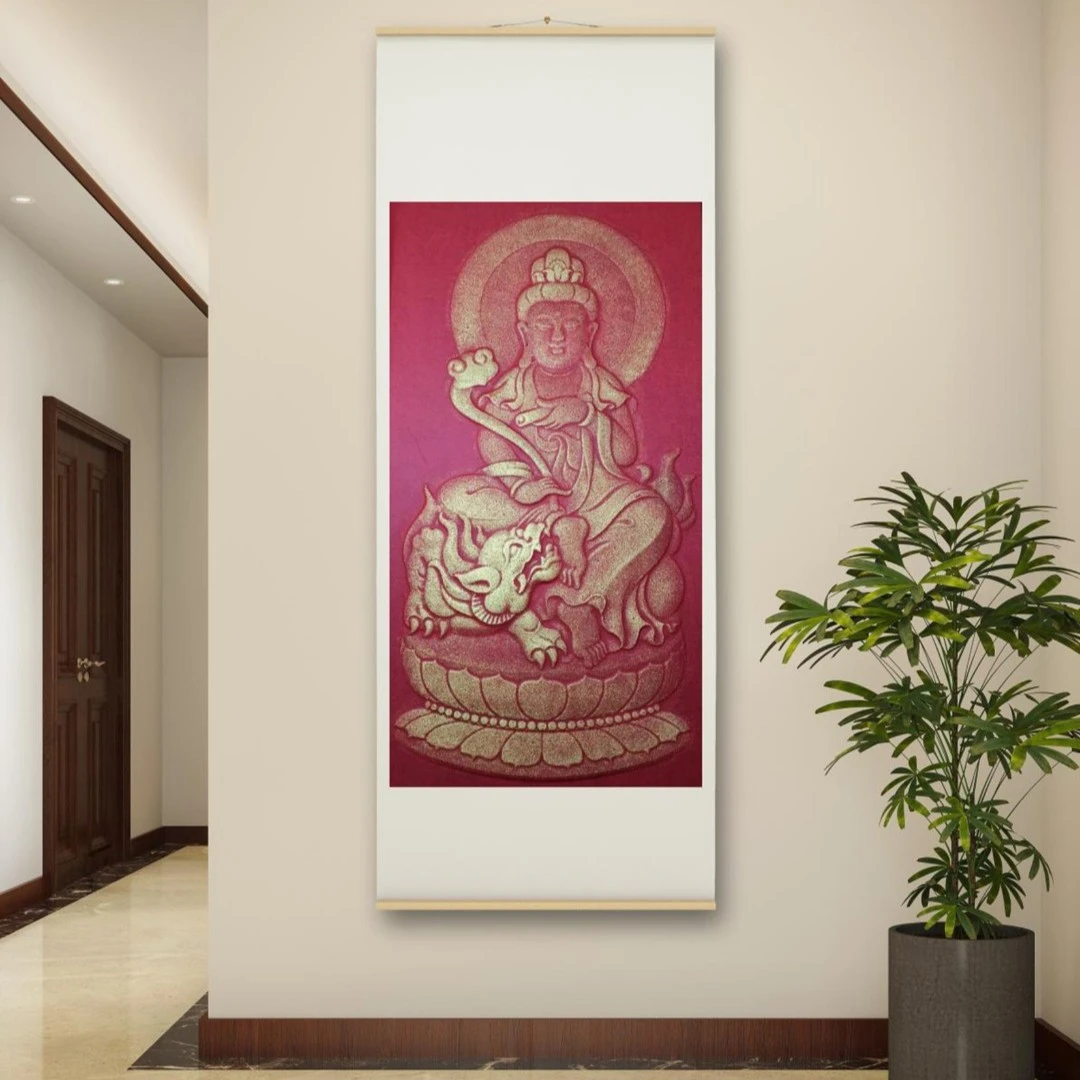 家居装饰画《文殊菩萨像》净图60x40㎝，用纸140x70㎝中式