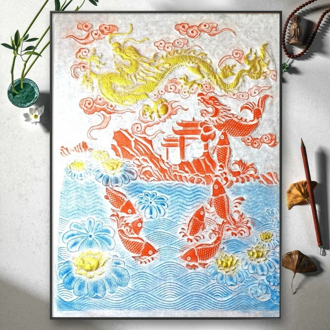 家居装饰画《九鱼化龙，鱼跃龙门》净图70x46㎝，传承竖款纯手工