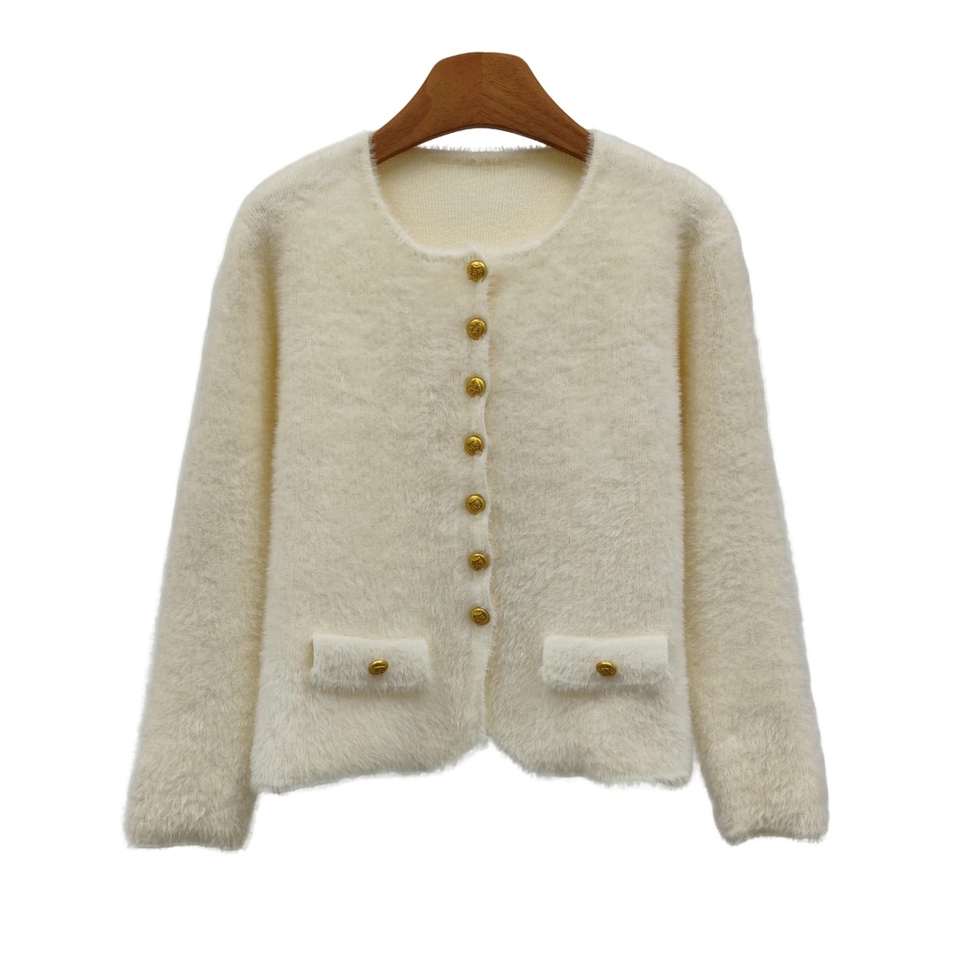 YITONG/倚桐2024冬季圆领单排扣毛呢外套针织开衫上衣（W4B55167）